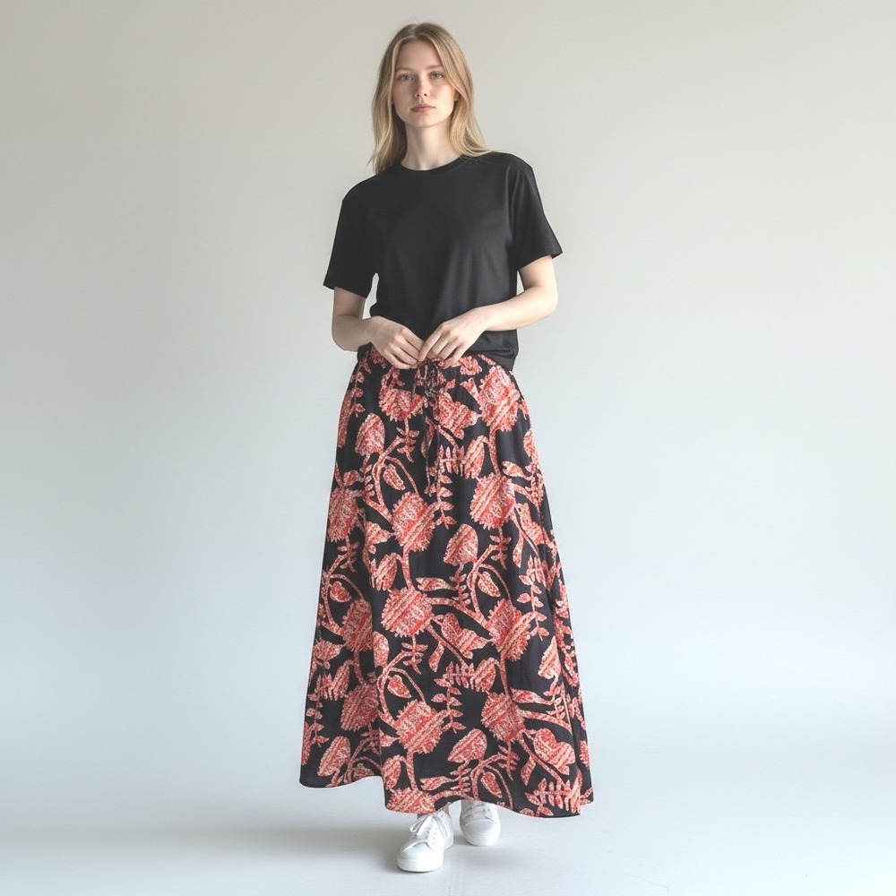 TOMMY HILFIGER Navy Red Floral Paisley Batik Cotton Maxi Skirt Size 12 Pockets